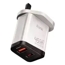 Iconic 45W Charging Adapter featuring advanced GaN technology.Dual Ports: PD Type-C and QC USB-A.