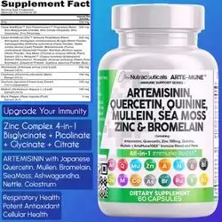 Artemisinin Quercetin Zinc Mullein Quinine Sea Moss Bromelain Ashwagandha Root Nettle Leaf Bladderwrack Burdock Root Monolaurin Colostrum Rutin, Zinc Complex, Boost Immune system, respiratory, Antioxidant, Cellular, seasonal allergy, 60 Caps