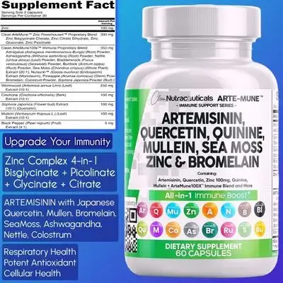 Artemisinin Quercetin Zinc Mullein Quinine Sea Moss Bromelain Ashwagandha Root Nettle Leaf Bladderwrack Burdock Root Monolaurin Colostrum Rutin, Zinc Complex, Boost Immune system, respiratory, Antioxidant, Cellular, seasonal allergy, 60 Caps