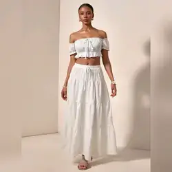 2PCS Set White Off Shoulder Top & Tie-Up Ruffle Hem Maxi Skirt - Large