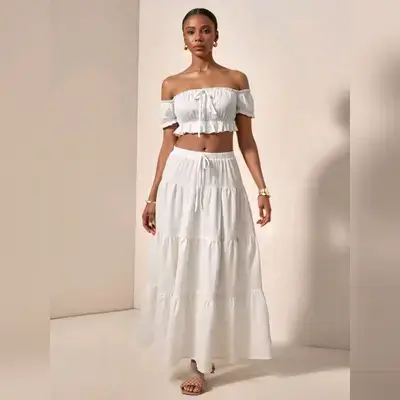 2PCS Set White Off Shoulder Top & Tie-Up Ruffle Hem Maxi Skirt - Large