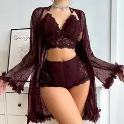 SHEIN Women Floral Lace Cami Top And Shorts Pajama Set With Long Sleeve Robe Size: Large
