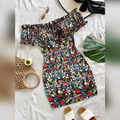 SHEIN VCAY Black Allover Floral Print Lettuce Trim Bodycon Dress - XL