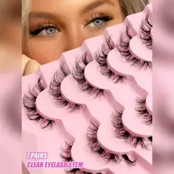 Asiteo 7 Pairs Fluffy & Dense Cat Eye Transparent Handle False Eyelashes