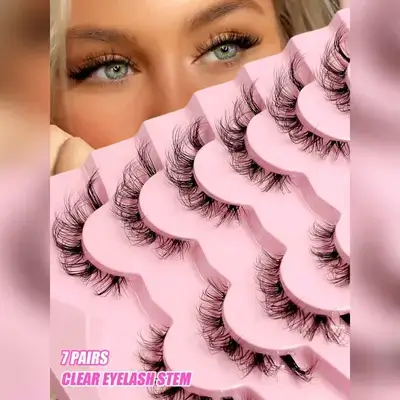 Asiteo 7 Pairs Fluffy & Dense Cat Eye Transparent Handle False Eyelashes