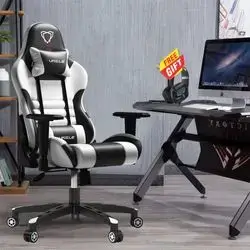 Gaming Chair - Furgle Gamer Chair F-041A - - 4D Gamer Ergonomic Adjustable Swivel Chair Gaming Chair - Swing Mode - with Headrest and Lumbar Support (White Black) ++ HeadSet X9
