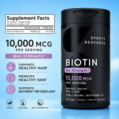 Sports Research, Biotin, 10000mcg, w/Coconut Oil, Plantgels™, Halal, Max Strength, Vegan, Biotin Vitamin B7, Healthy Skin and Hair Support, beauty nutrient, 120 veg Softgels Biotin 