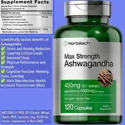 Ashwagandha, Max Strength Ashwagandha, stress Response, Focus, Memory, sleep quality, physical strength, Cortisol Balance, 120 Capsules Ashwagandha