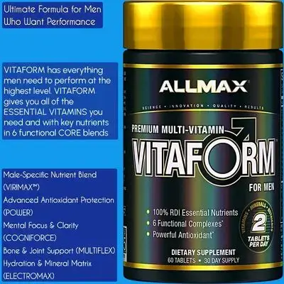 Premium Vitaform, Multivitamin for Men, Performance, Vitality, Testosterone, Energy, Flexibility, Joints, Hydration, Bone, Muscles, Multivitamins, 60 Tablets multivitamin