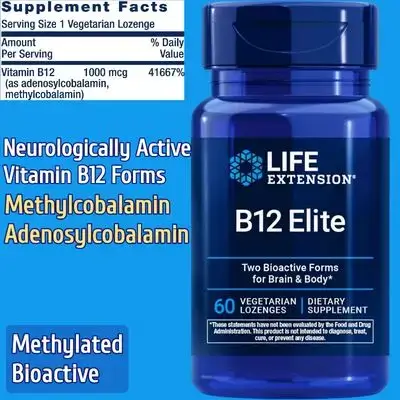 Life Extension, B12 Elite, Methyl B12, Bioactive Forms of B12, ADENOSYLCOBALAMIN, METHYLCOBALAMIN, Two Active Forms for Brain Health & Dopamine Production & Energy Metabolism, B12, Vitamin B12, 60 lozenges B12