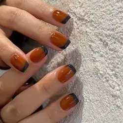 24pcs Glossy caramel brown nails with sleek dark French tips for a chic, modern vibe
