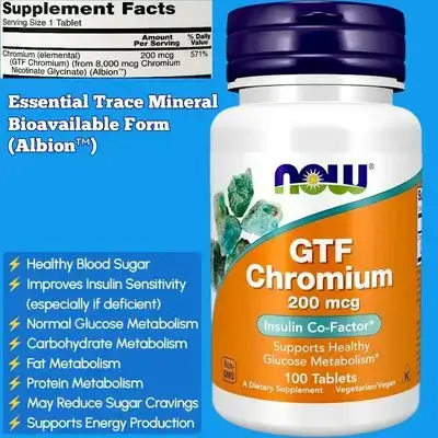 NOW Chromium, Chromium, GTF Chromium (Glucose Tolerance Factor), Insulin Co-Factor, increases insulin sensitivity, body fat burn, weight management, diabetes supplement, blood sugar (glucose) balance, 100 Tablets chromium