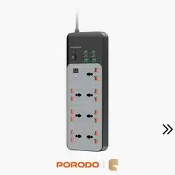 Porodo 3000W 7AC Universal Power Strip 6 USB Ports (4C+2A) Surge Protection - Gray