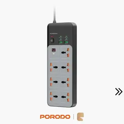 Porodo 3000W 7AC Universal Power Strip 6 USB Ports (4C+2A) Surge Protection - Gray
