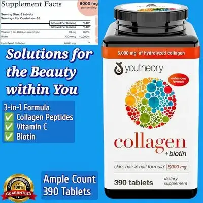 Youtheory Advanced Collagen, 6,000 mg, Hydrolyzed Collagen Peptides, Includes Antioxidants & Vitamin C, Hair Growth, Nails, Joint Health & Bone Support, Fights Aging, 390 Tablets collagen 
