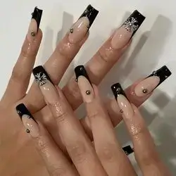 24pcs Black Press on Nails with Design, French Tip Fake Nails Medium Length False Nails