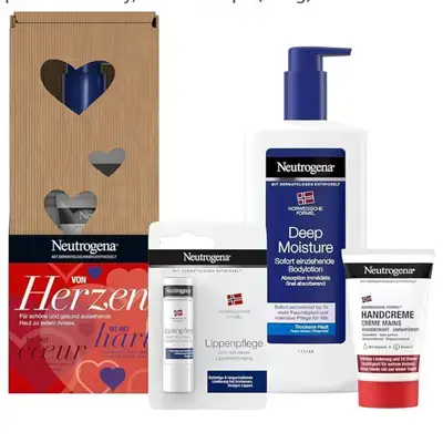 Neutrogena Skin Care Gift Set: Deep Moisture Instant Absorbing Body Lotion (400 ml), Hand Cream Concentrated Unscented (50 ml) & Lip Balm for Dry, Cracked Lips (4.8 g)