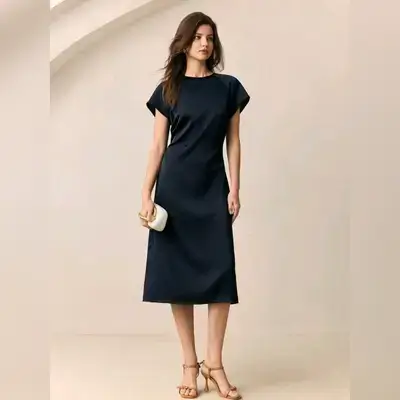 BizChic Women's Round Neck Flare Sleeve Waist Ruched Dress - Small