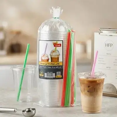 Clear Plastic Glass 16 oz with Lid 10 pcs