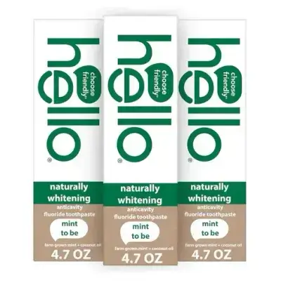 Hello Naturally Whitening Fluoride Toothpaste, Natural Whitening Toothpaste with Coconut Oil and Tea Tree Oil, Tames Bad Breath, Helps Moisturize, and Fights Cavities, Mint, 1Pack, 4.7 Oz Tubes