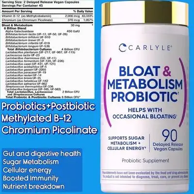 Probiotics, Postbiotics, probiotic for Bloat and Metabolism, Probiotic and Postbiotic, Vitamin B12, Methyl B12, Chromium Picolinate, Bloating Relief Formula, Sugar & Cellular Energy Support, Women and Men, 90 Capsules Probiotics