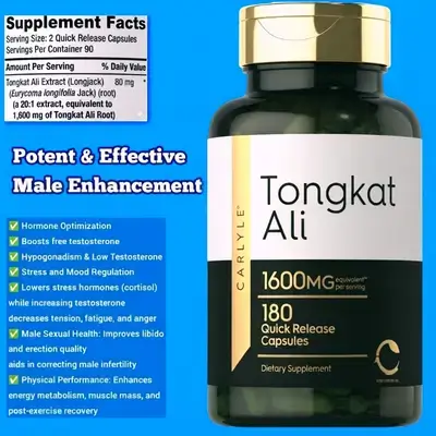 Tongkat Ali, Longjack, Tongkat Ali Extract 20:1, Boosts testosterone, free testosterone, Libido and erection, fertility, sperm quality, exercise performance, muscle growth, 180 Capsules Tongkat Ali