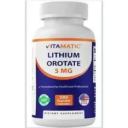 Vitamatic Lithium Orotate 5mg, healthy cognition, brain health, healthy brain Glucose levels, healthy Longevity and Aging, 240 Capsules