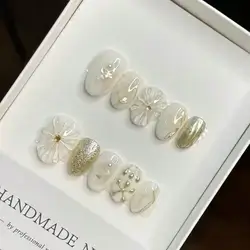 New Spring Handmade Press-On Oval Raised Pattern Artificial Nails With Gold