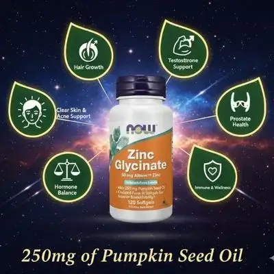 NOW Foods Supplements, Zinc Glycinate with 250 mg Pumpkin Seed Oil, Supports Prostate Health, Muscle Growth, Hair Growth, Acne, Immune Support, 120 Softgels zinc