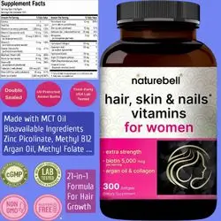 Hair Skin Nails Vitamins for Women, 5000mcg Biotin, Collagen, Keratin, Hyaluronic Acid, Argan Oil & B‑Complex Vitamins, Zinc Picolinate, Methyl Folate, Methyl B12, 21‑in‑1 Formula with MCT Oil, 300 Softgels hair nail skin