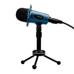 Promate - Desktop Microphones, 3.5mm Professional Condenser Recording Podcast Microphone with Built-In Volume Control and Tripod Stand for PC, Laptop, Skype, Vocal Recording, Tweeter-8 Blue