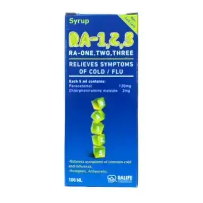 شراب وان تو ثري للاطفال للبرد والانفلونزا | 100مل/ONE TWO THREE 1 2 3 SYRUP ( CHLORPHENIRAMINE 2MG/ 5ML + PARACETAMOL 120 MG/ ) 100 ML