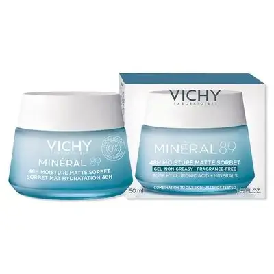 Vichy Minéral 89 Matte Sorbet Face Moisturizer For Oily Skin,/كريم فيشي مينيرال 89 الخالي من العطور، كريم مُعزز للترطيب بحمض الهيالورونيك، مرطب يومي للوجه، متوفر بثلاث تركيبات لجميع أنواع البشرة، للبشرة الجافة والحساسة، ومُزيل لمعان البشرة الدهنية.