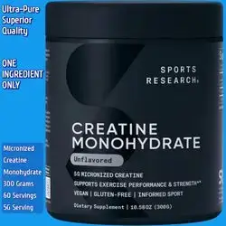 Sports Research, Creatine Monohydrate Powder, 5g, Unflavored, 60 Servings, Creatine Monohydrate, Micronized Creatine Monohydrate, Lean Muscle, Performance, Workout Recovery, Brain Function, Informed Sport, 300g Creatine Monohydrate