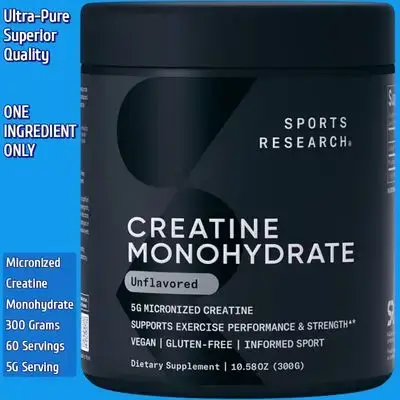 Sports Research, Creatine Monohydrate Powder, 5g, Unflavored, 60 Servings, Creatine Monohydrate, Micronized Creatine Monohydrate, Lean Muscle, Performance, Workout Recovery, Brain Function, Informed Sport, 300g Creatine Monohydrate 
