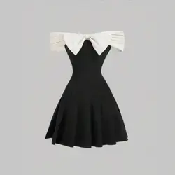 Girlism Tween Girl Contrasting Bowknot Shoulder Cutout Mini Dress - 9 Years