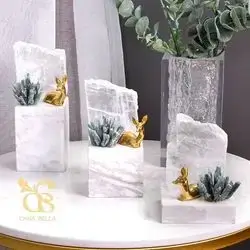 Marble Masterpiece With Golden Deer And Natural Quartz Stone, 3 Pcs