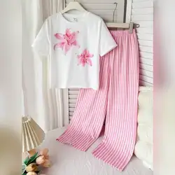 SHEIN Tween Girl Lily Flower T-Shirt &Pants Sleepwear Set - 12 Years