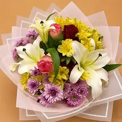 Chrysanthemum, Rose, and Oriental Lily Bouquet