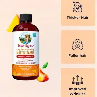 Mary Ruth's Liquid Morning Multivitamin + Hair Growth, clinically shown Lustriva® to Support Hair Growth, reduce wrinkles, smooth skin, Fuller & thicker hair, 450ml, Biotin 10000mcg - Peach-Mango, Original