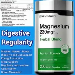 Magnesium, with Herbals, magnesium oxide, gut and digestive health, Regularity, Bowel movement, Detox, Nerve, sleep, bones, muscle, 200 Capsules Magnesium