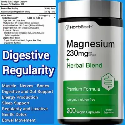 Magnesium, with Herbals, magnesium oxide, gut and digestive health, Regularity, Bowel movement, Detox, Nerve, sleep, bones, muscle, 200 Capsules Magnesium 
