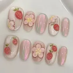 Handmade Cute Strawberry 3D Flower Design Short Acrylic Nail