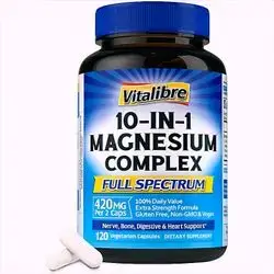 10 in 1 Magnesium Complex, 420mg Magnesium, Max Absorption, Chelated Magnesium Supplement, for Nerves, Bone & Heart Health, magnesium glycinate, magnesium malate, magnesium citrate, orotate, Taurate, 120 Capsule magnesium Complex