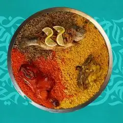 (Gulf Mansaf) Mandi Meat, Mandi Chicken, And Fried Shank Fish