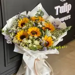 Sunflower Bouquet With Baby Rose And Gypsum