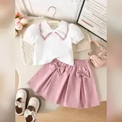 Elladie kids Girls' Short Sleeve Top And Bow Tie A-Line Skirt Set - 7 Years