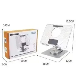 A clear acrylic and aluminum 360° rotating foldable tablet and phone desk stand.
