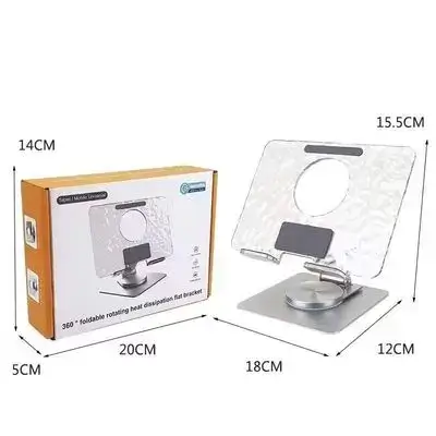 A clear acrylic and aluminum 360° rotating foldable tablet and phone desk stand.