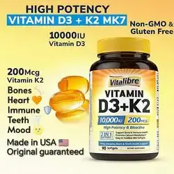 Vitamin D3 K2 Supplement, 10000 IU D3 / 200 mcg K2 MK7, Calcium Absorption, Bone, Heart, Immune & Mood Support, Enhanced Absorption, No Soy, Easy to Swallow, 90 Softgels